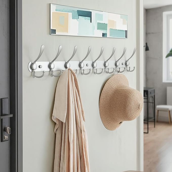 Dseap Coat Rack Wall Mount - 29.5??Long 8-Tri-Hooks Heavy Duty Coat Hanger Rail Wall Hooks for Hanging Coats Hats Clothing Clothes Purse Mudroom Entryway, Silver