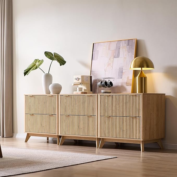 T4TREAM Set of 3 Modern Fluted Sideboard Buffet Cabinet with Drawers Storage, 90" Modular Accent Cabinet for Credenza, Entryway & Hallway, Natural Oak