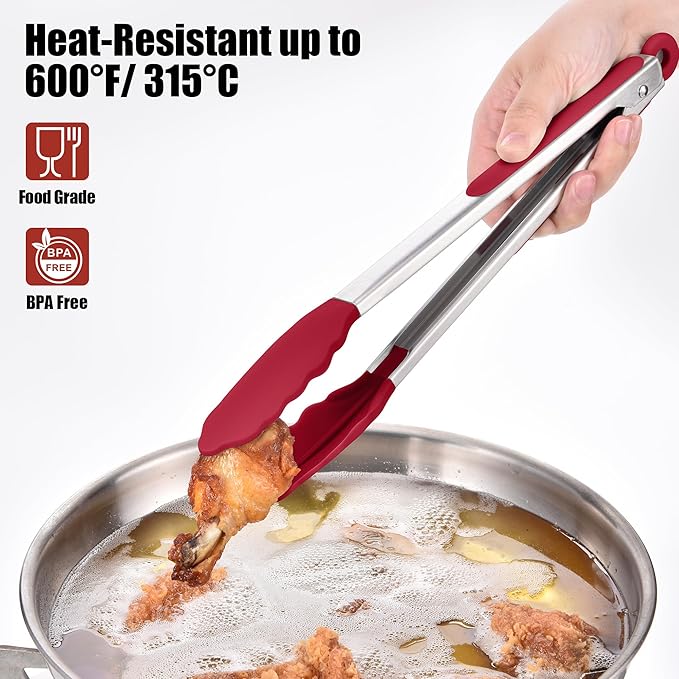 Doosu Kitchen Tongs for Cooking - 600째F Heat Resistant Food Tong Set with Non-Scratch Silicone Tips, Heavy Duty Stainless Steel Locking Tong for BBQ, Grilling Steak, Serving Salad (9+12in, Red)