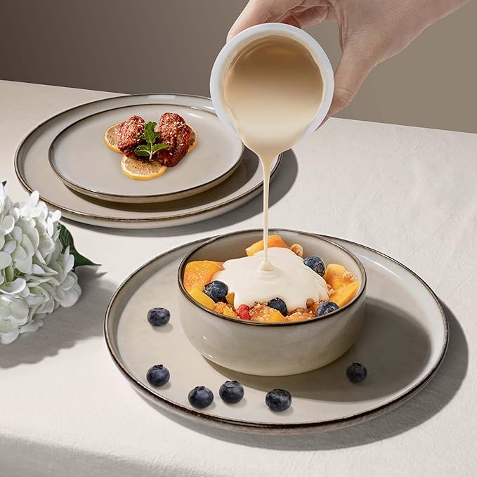 Herogo Stoneware Plates and Bowls Sets for 2, 6 Pieces Modern Round Dinnerware, Reactive Glaze Dishes Set for Kitchen, Chip Resistant, Microwave & Dishwasher Safe, Cream Khaki