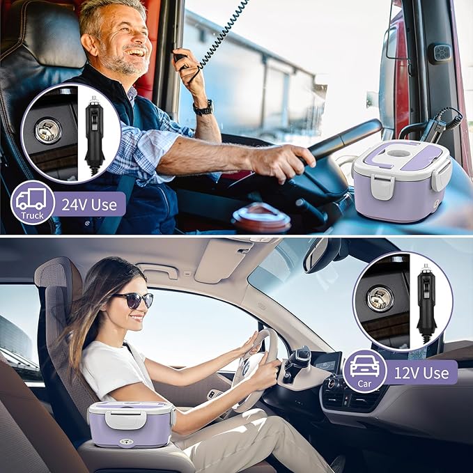 Vingud Electric Lunch Box for Adults, Heated Lunch Box Food Warmer, 80W Portable Heating Lunchbox for Women/Work/Car/Truck, 12/24/110V Lonchera El챕ctrica Port찼til Christmas White Elephant Gifts,Violet