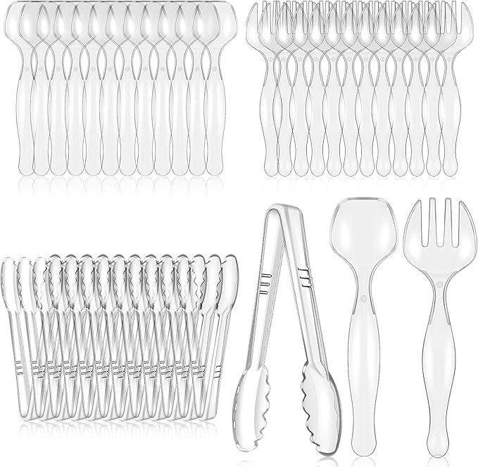 Mwellewm 48Pcs Plastic Serving Utensils 9'' Disposable Serving Spoons for Buffet Clear Forks Serving Tongs Heavy Duty Large Party Utensils Supplies for Restaurant Food Dinner Salad Noodles Soup