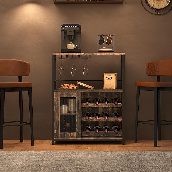 Vintage Industrial Wine Bar Cabinet with Adjustable Wine Racks and Glass Holders, Mesh Door Sideboard Storage Cabinet for Living Room, Kitchen, Dining Room, Compact Design, Easy Assembly,Burnt Color