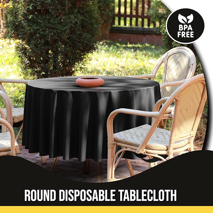 Party Solids 12-Pack Black Round Plastic Tablecloth Disposable ??Size: 60 Inches ??Round Plastic Table Cloths for Parties, Picnics & Formal Events