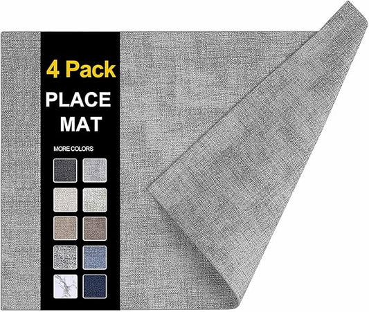 homing Faux Leather Heat Resistant Placemats 4 Packs, Waterproof Wipeable Dining PU Place Mats for Indoor & Outdoor, Easy to Clean, Light Grey