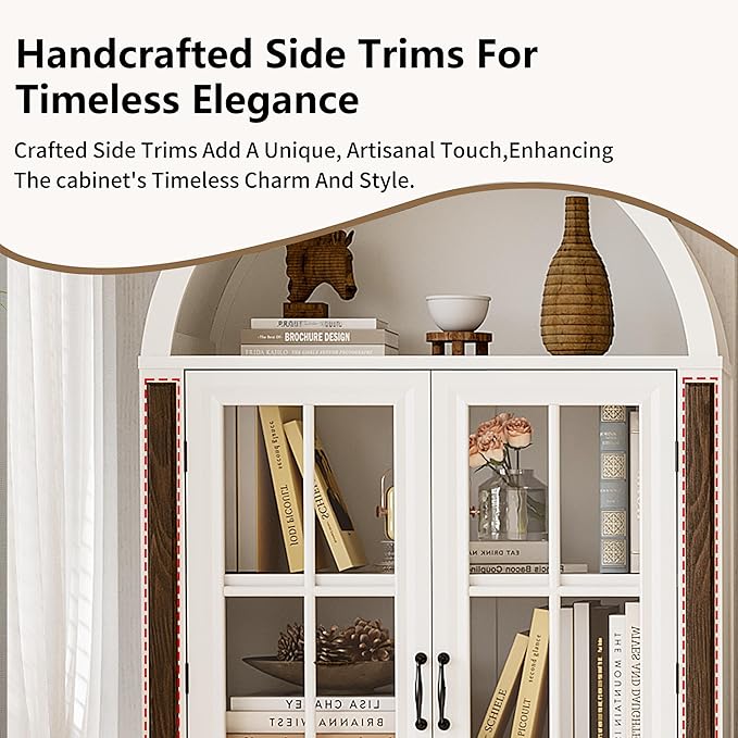 71??Handcrafted Arched Bookcase, Wooden Display Cabinet with Glass Doors and Adjustable Shelves, Elegant Storage Solution for Living Room, Dining Area, and Office, White