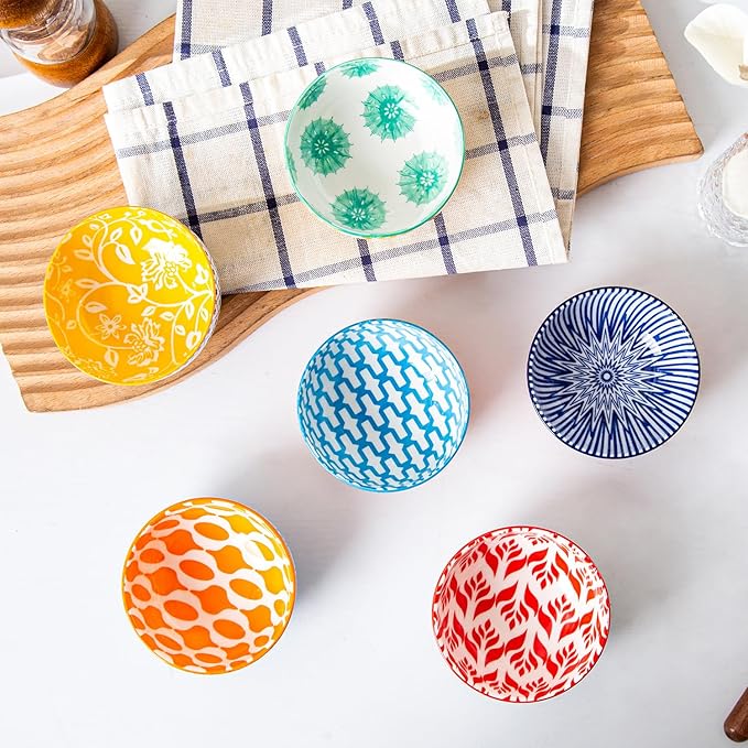 Cerkik Ceramic Dipping Bowls Set - Mini 4 Oz Dessert Bowls - Small 3.5 Inch Porcelain Bowls for Side Dishes, Snack, Yogurt, Appetizer - Microwave Dishwasher Safe - Set of 6 - Assorted Colors