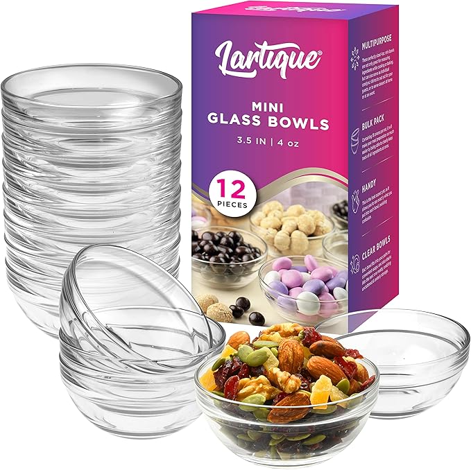Lartique Mini 3.5 Inch Glass Bowls - Perfect for Prep, Dips, Nuts, or Candy - Set of 12