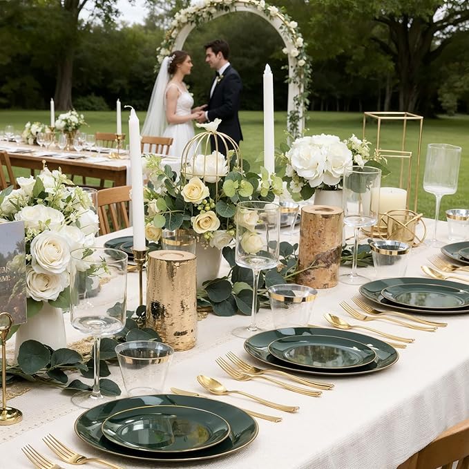 WDF 300Pcs Green Plates Disposable - Heavy Duty Green Plates - 50Guest Green Plastic Dinnerware Include 50 Dinner Plate, 50 Dessert Plate, 150 Cutlery & 50 9oz Cups for Parties St. Patrick?셲 Day