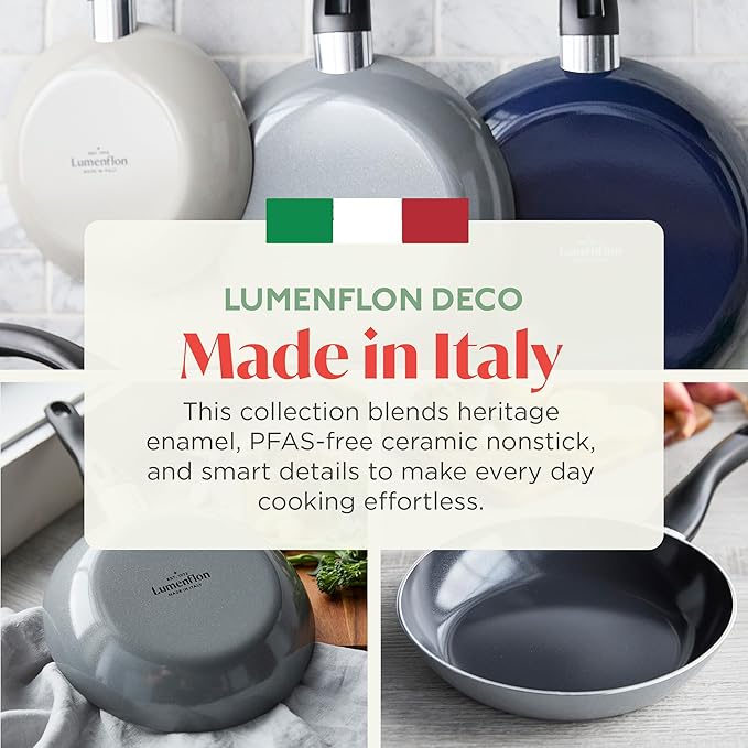 Deco 9.5??Nonstick Frying Pan Skillet, Made in Italy, Diamond Ceramic PFAS-Free, Dishwasher & Metal Utensil Safe, Durable Gloss Enamel Finish, Stay-Cool Handle, High Walls-Extra Room, Gray