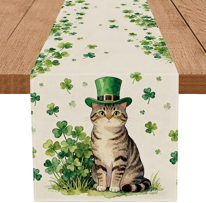 St Patricks Day Table Runner Shamrocks Cat St. Patrick's Day Runners Table Decorations Holiday Spring Kitchen Dining Home Party Supply 13x72 Inch