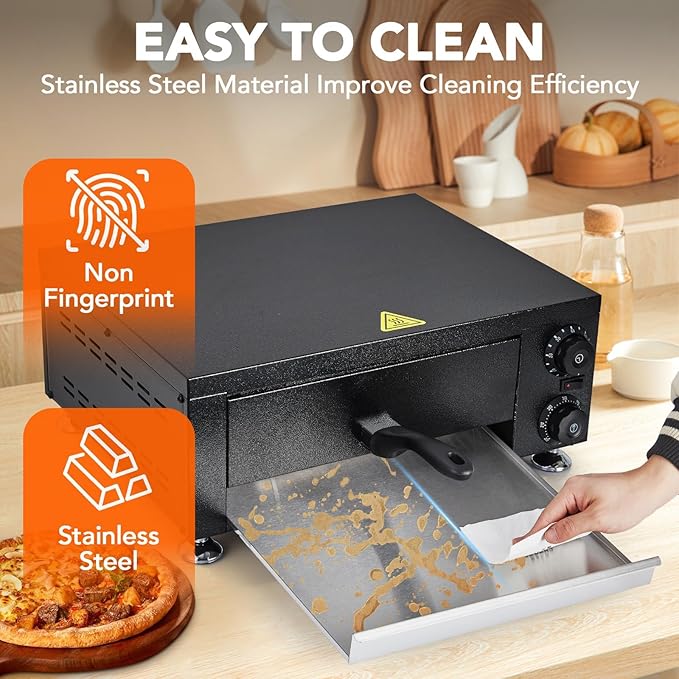 Professional 12 Inch Countertop Pizza Oven Electric 1100W, with 60-Minute Timer, Stainless Steel Pizza Maker for Fast Baking, Perfect for Home Party, Outdoor BBQ, Commercial Food Service Catering
