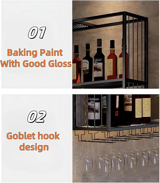 94 Inch Metal Wall-Mounted Wine Rack & Liquor Shelf, 5-Tier Large Bar Shelves for Liquor Bottles with Glass Holder, Alcohol Shelf for Home Bar & Dining Room, Black(Left+Right, No Lights)