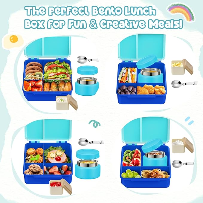 Aimsnk Kids Bento Lunch Box with 8oz Soup Thermo, Kids Leakproof Lunch Food Containers with 4 Compartment,Insulated Hot Food Jar with Lunch Bag for School, Travel (Blue-No lunch bag)