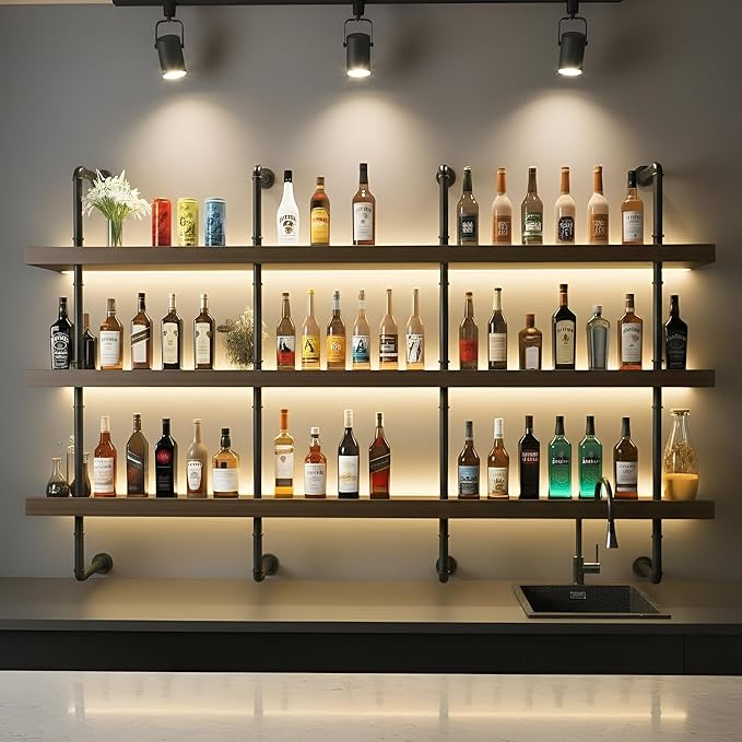 78.7-inch Modern Wall-Mounted Wine Rack with LED Lights, 3-Tier Liquor Bottle Display Bar Shelves, Industrial Wine Rack Floating Shelf, Multifunctional Wine Storage Rack for Home, Kitchen or Bar Decor