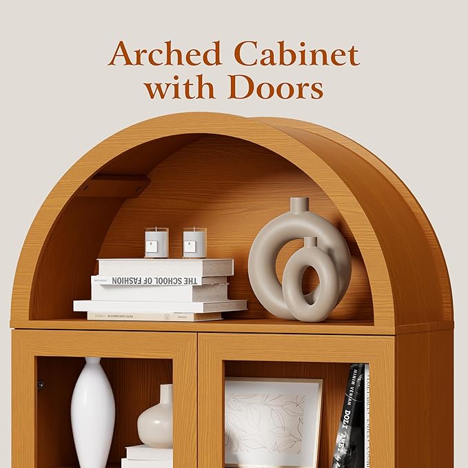 71" Tall Arched Kitchen Pantry, Modern Farmhouse Wood Kitchens Storage Cabinets with Sliding Doors竊?Adjustable Shelves, Versatile Cupboard for Kitchen, Living Dining Room, Bathroom (Yellow Walnut)