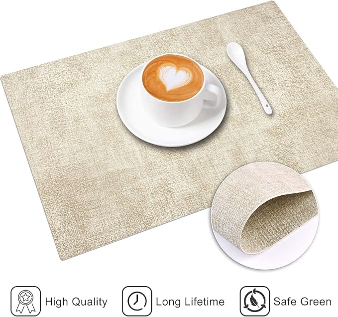 LANDVIEW Leather Heat Resistant Placemats Set of 6 Waterproof Wipeable Washable PU Table Mats,Easy to Clean Anti-Slip Place Mats (Beige, 6)