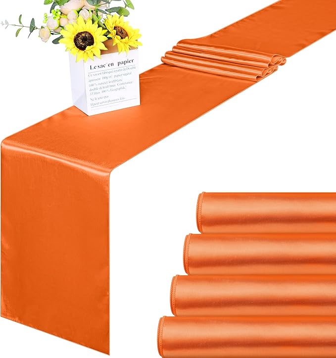 Aneco 4 Pack Satin Table Runner 12 x 108 Inch Orange Long Bright Silk and Smooth Fabric Party Table Runner for Wedding Banquet Party Decoration