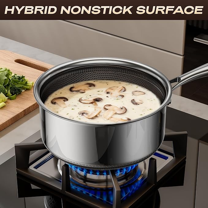 1 Quart Stainless Steel Saucepan with Glass Lid,6 Inch Hybrid Nonstick Sauce Pan,PFAS PFOA PTFE Free,Stay-Cool Handle,Dishwasher-Friendly,Oven-Safe,Small Pots Compatible with All Cooktops