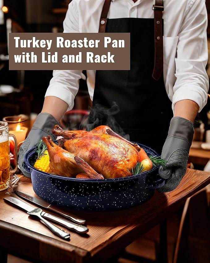Roasting Pan with Lid and Rack 18" Deep Large Oval Enamel Roaster Pan, Oven Dishwasher Safe Non-Stick Non-Toxic Roast Pot for Turkey Ham Steak Roasts & Bread, Wife's Christmas Gift