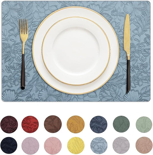 Romanstile Vinyl Placemats Set of 6-12 X 18 Inch - Heat Resistant Non-Slip Embossed Floral Place Mats 100% Waterproof Oilproof Wipeable Faux Leather Table Mats for Kitchen/Dining/Party, SkyBlue