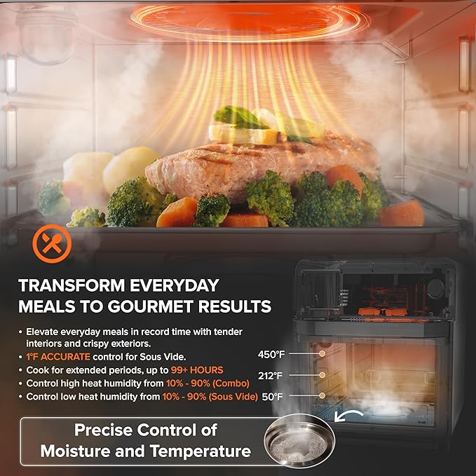 Nuwave Combi Steam Oven, Non-Toxic Stainless Steel Multi-Cooker with Air Fry, Steam, Sous Vide, Toast & More, 50-450째F Precision, 120 Presets, Moisture Control, Programmable, Easy to Clean