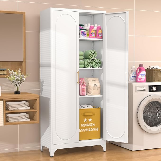 75??Tall Kitchen Pantry Cabinet,Metal Storage Cabinet with Doors and Adjustable Shelves,Modern Kitchen Hutch Cabinets,Freestanding Cupboard for Dining Living Room