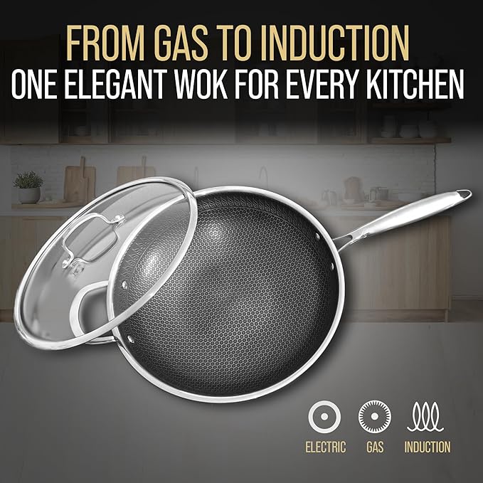 Nonstick Honeycomb Hybrid 12.5" Stainless Steel Wok with Lid + Large 304 Steel Cutting Board Double Sided | Premium Kitchen Bundle