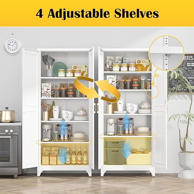 Kitchen Pantry Cabinet,75?쓂hite Metal Storage Cabinets with Doors and 4 Adjustable Shelves,Kitchen Cabinet with 2 Gold Handles,Tall Cabinet for Livingroom,Pantry, Bathroom