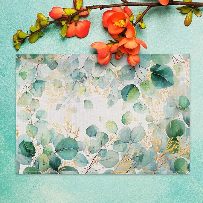 Jauageon Green Eucalyptus Leaves Placemat Set of 4 Spring Plants Placemats Spring Summer Table Mats for Indoor Outdoor Home Party Kitchen Dining Decor Farmhouse Burlap Table Mats 12x18 Inch