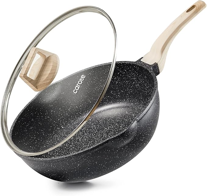 CAROTE 10/12/12.5 Inch Nonstick Deep Frying Pan with Lid, Jumbo Cooker Saute Pan with Pour Spout, Skillet Induction Cookware, Non Stick Cooking Pan PFOA Free, Classic Granite