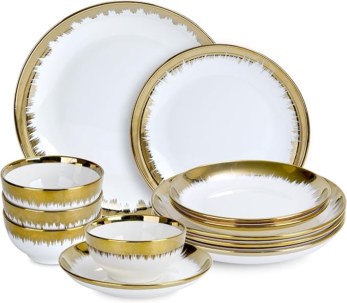 Luxury 12 Piece Porcelain Dinnerware Sets Service for 4, Modern Stoneware Plates and Bowls Sets,Ceramic Dish Set, Highly Chip and Crack Resistant Modern Plate Set, White and Gold