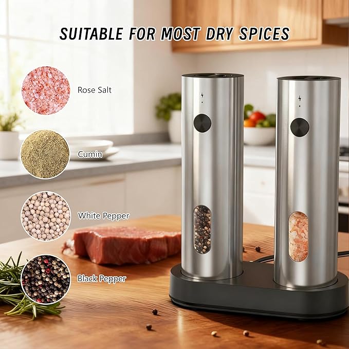 Electric Salt and Pepper Grinder Set,Rechargeable,Adjustable Coarseness,LED Light with Dual Charging Base,110ml Upgraded Large Capacity,Top-Refill,Stainless Steel Automatic Pepper Shakers