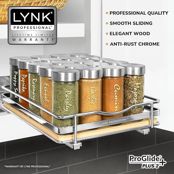 LYNK PROFESSIONAL짰 횋lite??Pull Out Spice Rack Organizer for Inside Kitchen Cabinets - 8-3/8 inch Wide - Slide Out Drawer ??Wood/Chrome Sliding Spice Cabinet Organization Shelf Racks - 1 Tier