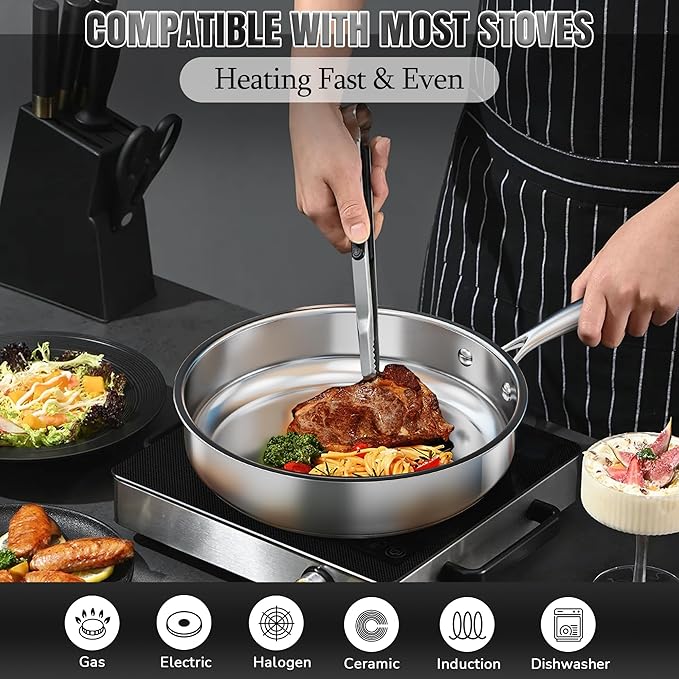 Stainless Steel Cookware Set, 16-Piece Pots and Pans Set Non Toxic, Kitchen Induction Cookware with Glass Lids, Steamer, Utensil Sets, Pot Protectors & Apron, Oven & Dishwasher Safe, Silver