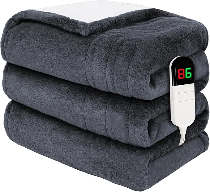 Premium Heated Throw Blanket 50"횞60" - Ultra Cosy Soft Electric Blanket with 8 Heating Levels,Plush Fast Heating Faux Rabbit Fur Blanket for Bed & Couch - Auto Shut Off,Machine Washable(Grey)