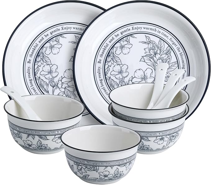 10 Piece Stoneware Dinnerware Sets for 2,White and Blue Floral Plates and Bowls Set, Microwave & Dishwasher Safe, Chip Resistant, Gift Box Included