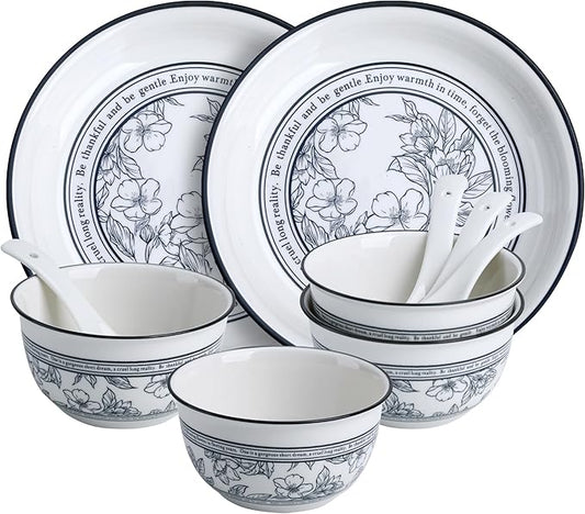 10 Piece Stoneware Dinnerware Sets for 2,White and Blue Floral Plates and Bowls Set, Microwave & Dishwasher Safe, Chip Resistant, Gift Box Included