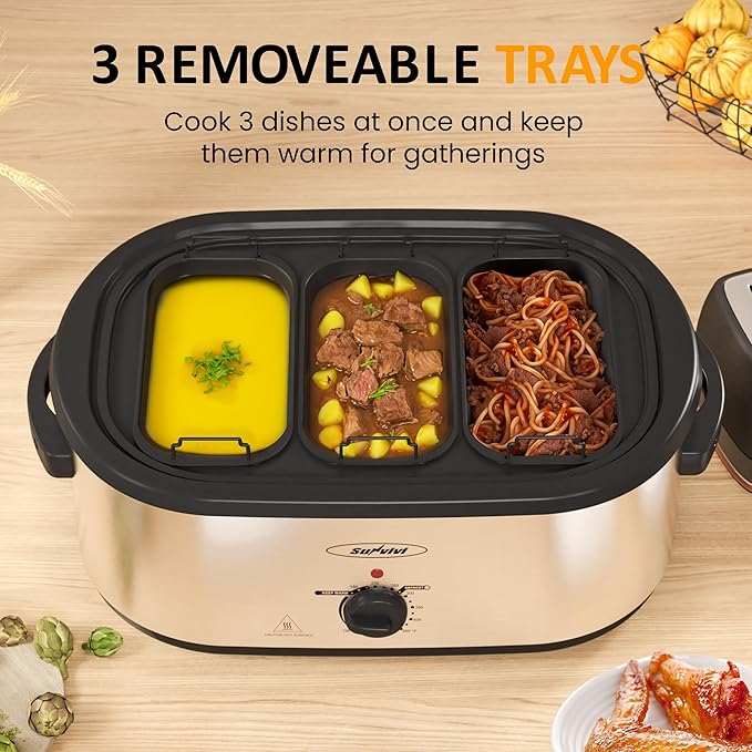 Sunvivi 24 QT Electric Roaster Oven with Self-Basting Lid, 3 Compartments, and Keep Warm Function, Full-Range Temperature Control (150-450째F), Stainless Steel