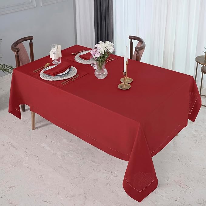 D'Moksha Homes Red Linen Tablecloth 60 x 120 Inch - 100% Pure Linen Hemstitch Tablecloth for Rectangle Tables - Classic Hemstitch, Machine Washable Table Cloth for Valentines, Spring