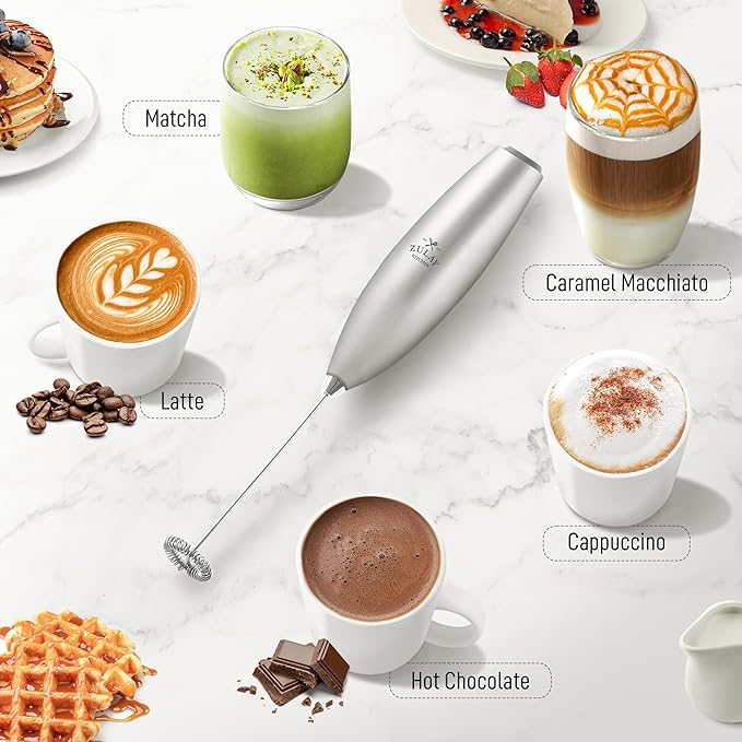 Zulay Kitchen Milk Frother Handheld Electric Whisk with AA Duracell Batteries ??Durable Drink Mixer for Coffee, Lattes, Cappuccinos & More - Silver
