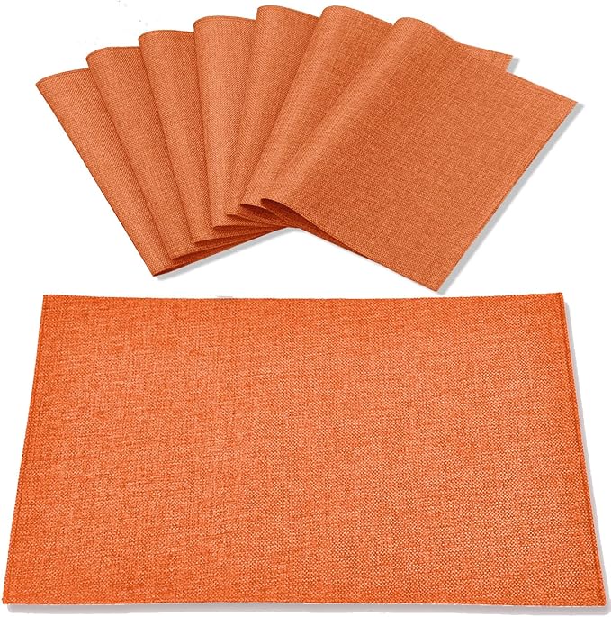 Rinpon Linen Placemats Set of 8, Machine Washable, Heat Resistant, Wrinkle Free, Thick Polyester Kitchen Place Mats for Dining Table (Orange)
