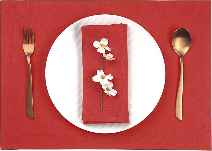 D'Moksha Homes Linen Placemats 14 x 19 Inch - Bright Red Placemats Set of 8-100% Pure Linen Table Place Mats for Valentines, Spring, Easter - Handcrafted and Machine Washable