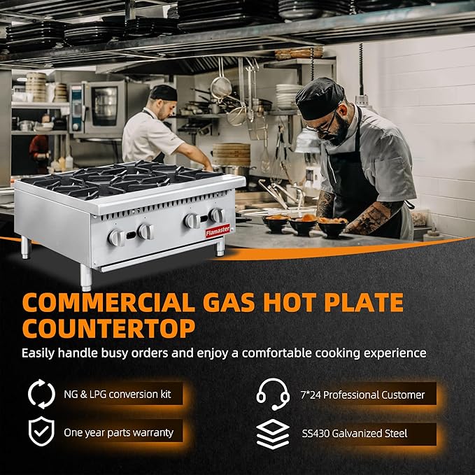 4 Burner Commercial Hot Plate, 24" Countertop Gas Stove Stainless Steel Natural Gas Range with Propane Conversion Kit Cooking Equipment for Restaurant Kitchen-100000 BTU