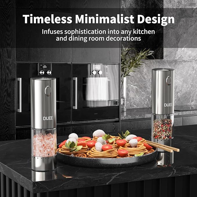 Rechargeable Salt and Pepper Grinder Mill, Electric Salt and Pepper Grinder set with Adjustable Grinding Speed, Automatic, Refillable, Stainless Steel Pepper Mill for Kitchen, Dining, Gifts (2 Pack)