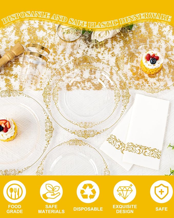 YOUBET 700PCS Clear Gold Plastic Plates - Elegant Gold Plastic Dinnerware Set Include 200 Disposable Plates, 300 Heavy Duty Silverware, 100 Cups, 100 Napkins for Wedding Party