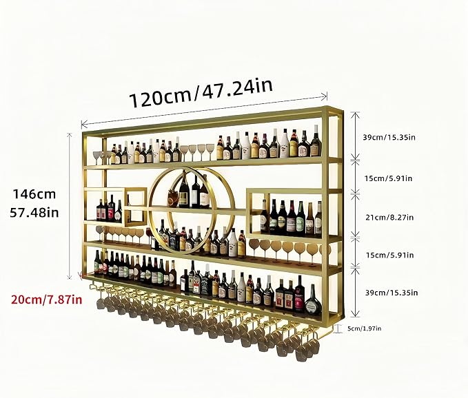47" Metal Wine Rack Wall Mounted, Multi Functional Bar Shelves for Liquor Bottles with Glass Holder, Modern Wood Bar Shelves Wall Mounted for Home Bar & Dining Room, Gold(57" Height)