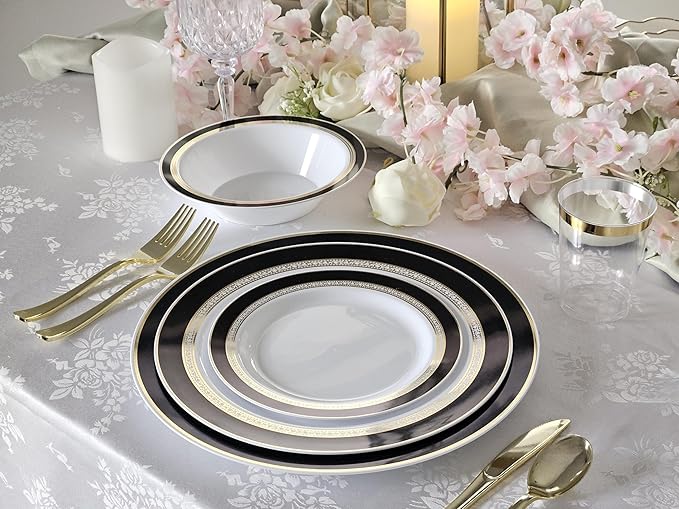 " OCCASIONS " 40 Piece Chargers pack Wedding Party 12'' Disposable Plastic Charger Plates/Chargers (Ritz Black & Gold)