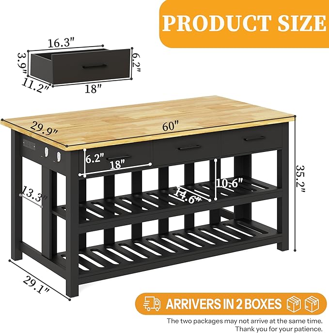 60" Solid Rubberwood Kitchen Island with Power Outlets - Extra Large Work Surface, 3 Drawers & 2 Open Shelves Storage Cabinet for Kitchen Dining Room, Farmhouse Style (Black)