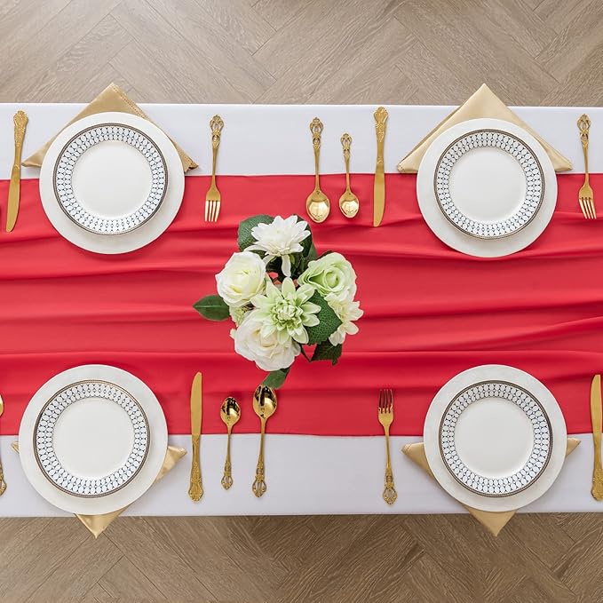 flohar 12Pack 9ft Christmas Chiffon Table Runner 14x108 Inch Sheer Romantic Table Runner for Wedding Birthday Party Bridal Shower Outdoor Decoration-Red